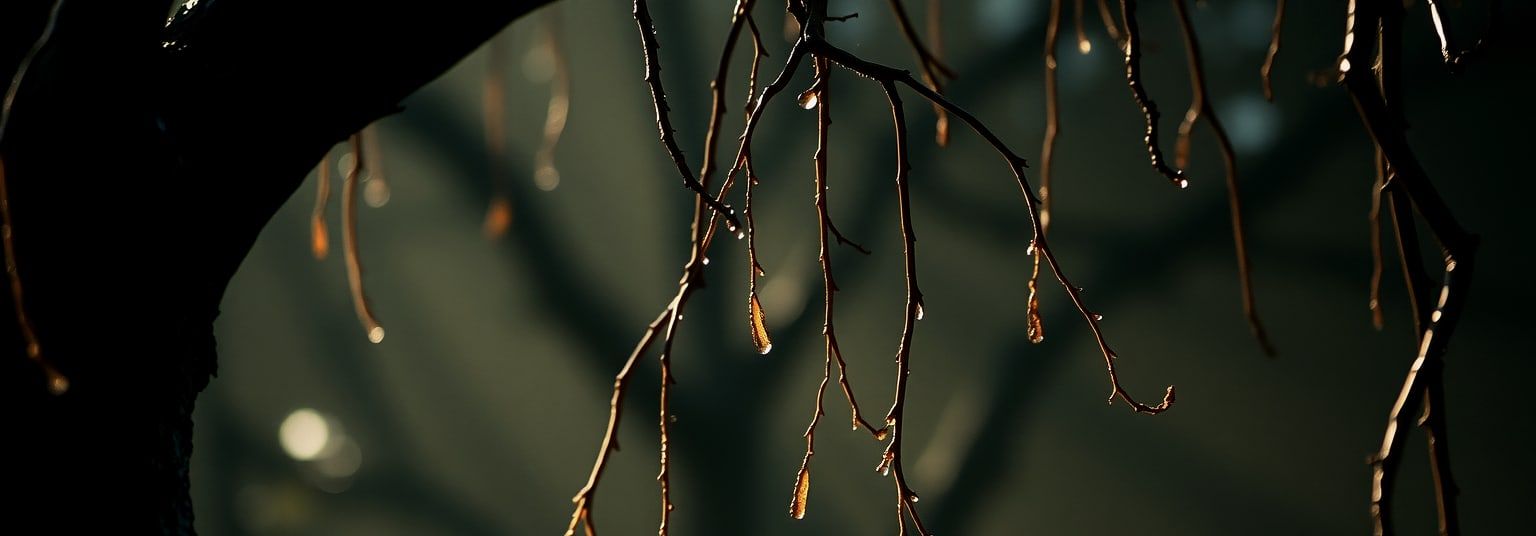Cienkie gałązki z kroplami wody w przeciwświetle, rozmyte tło lasu